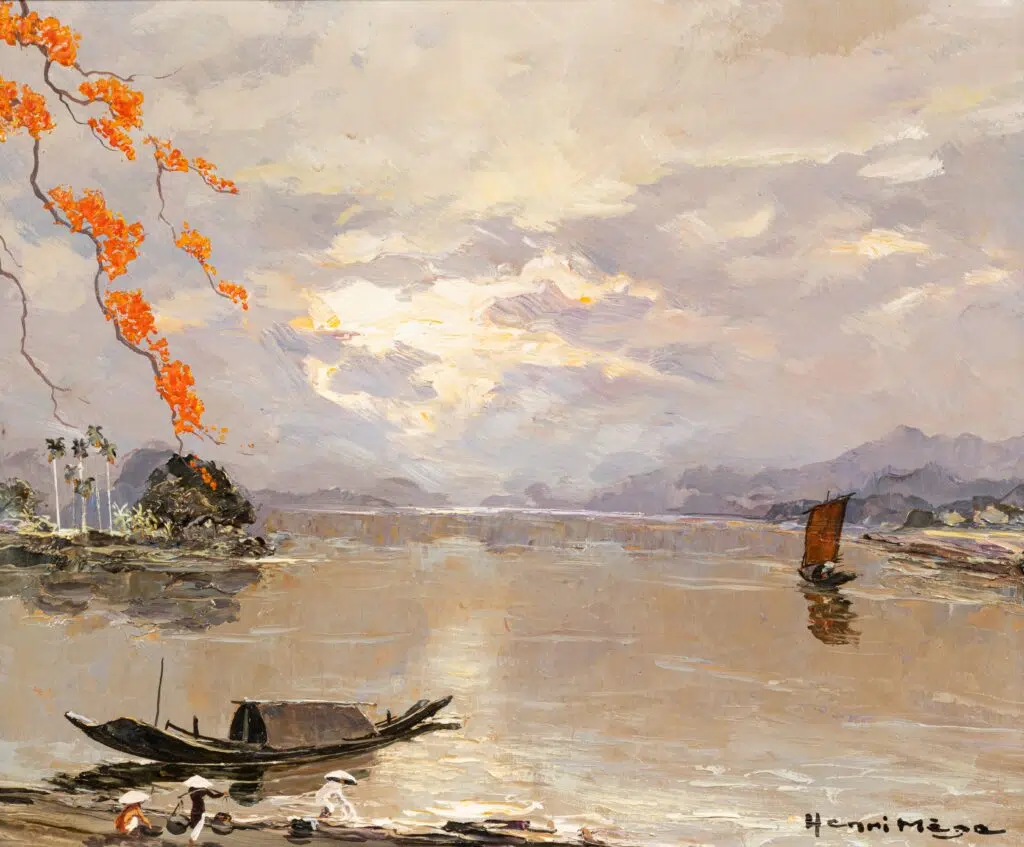 N0867-0013 HENRI MÈGE (1904-1984) Soir à Hué, sur le fleuve des parfums, Huong Giang, 1982