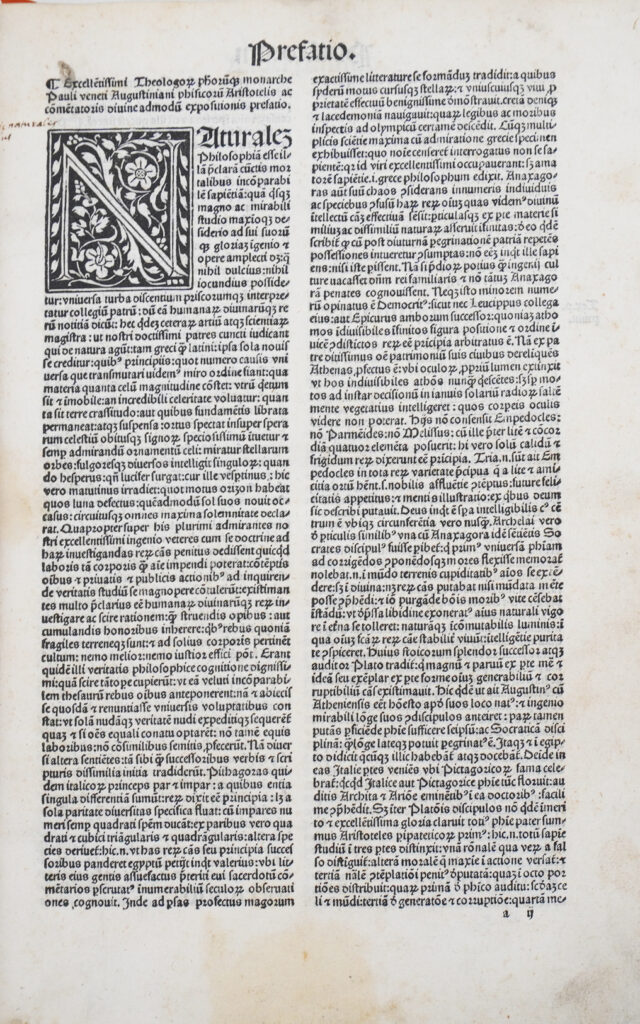 Très rare édition incunable de ces commentaires du philosophe et théologien Paul de Venise (ou Paolo Nicoletti, 1369-1429) des huit livres de la Physique d'Aristote et du commentaire d'Averroès, rédigés en 1409.