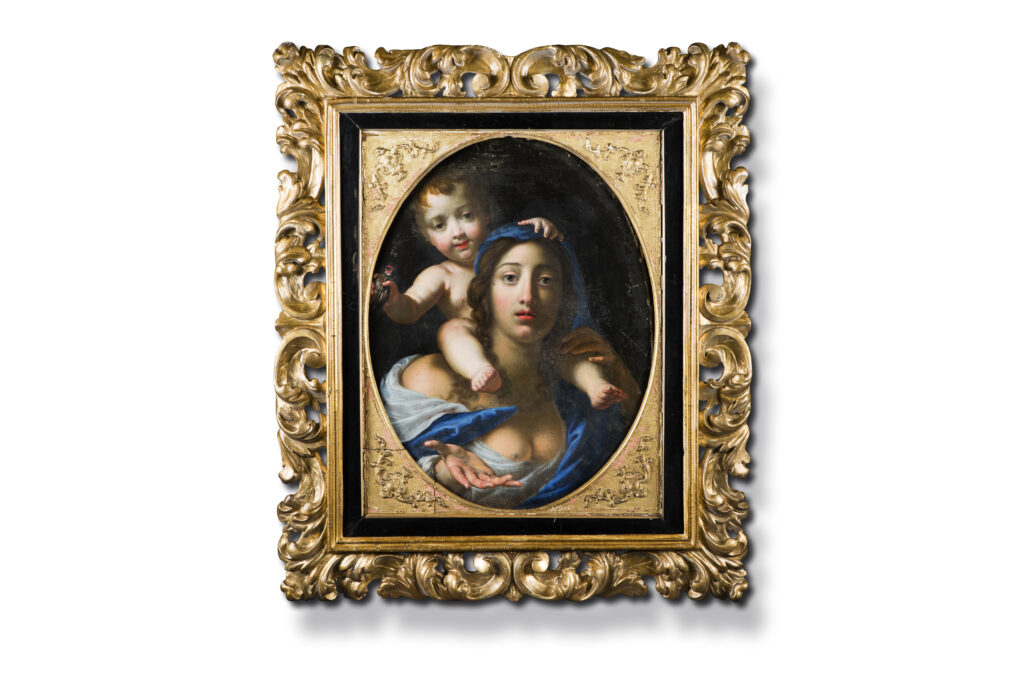 E0985-0001_Adjugé 38 000 €_Cesare DANDINI (Florence 1596 - 1657) Madone avec l’Enfant sur ses épaules Toile ovale 67 x 52 cm