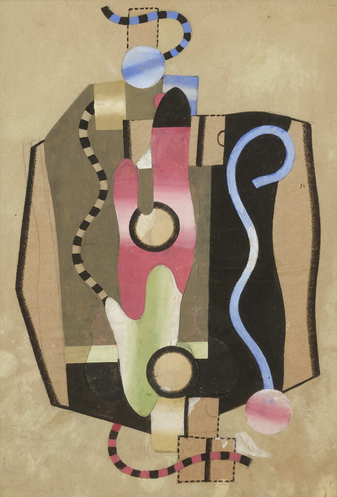 M3526-0002_Adjugé 14 000 €_Georges VALMIER (Angoulême 1885 - Paris 1937)_Main et bouteille_Collage, gouache, encre, aquarelle sur papier 26 x 15 cm