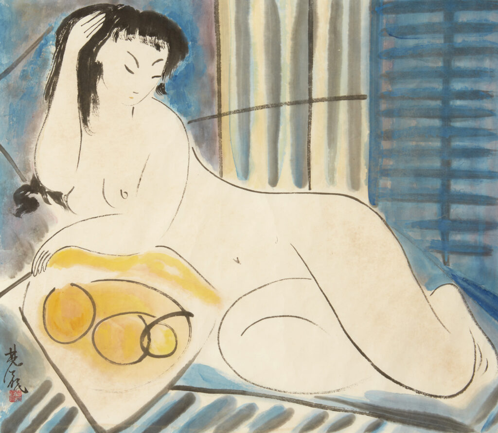 Adjugé 45 000 €_Lin FENGMIAN (1900-1991)_Femme nue aux fruits Encre et couleurs sur papier signé et portant le cachet de l'artiste en bas à gauche 60 x 68 cm