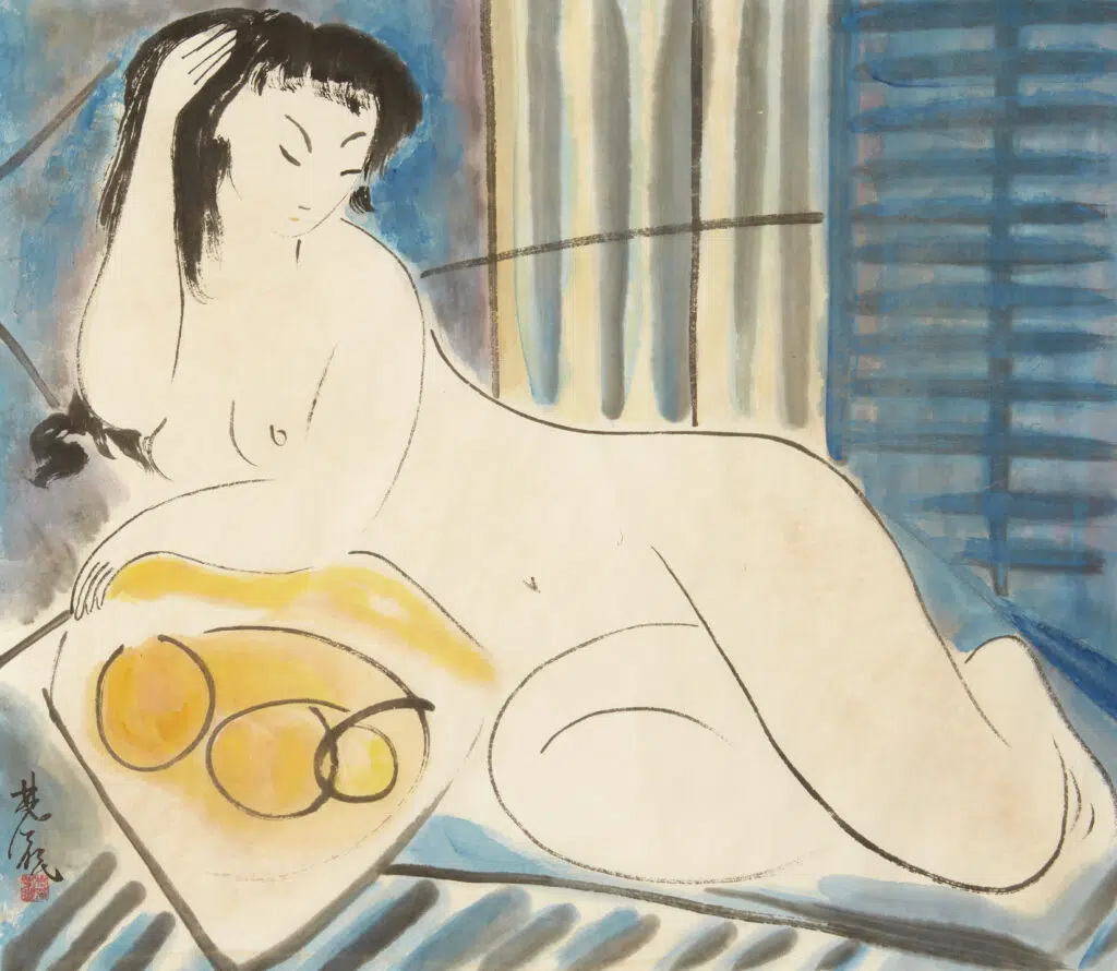 Estimation "Arts Contemporain" cette œuvre de "Lin FENGMIAN", nommé "Femme nue aux fruits" proposer a la vente par notre cabinet d'expertise, adjugé 45 000 €