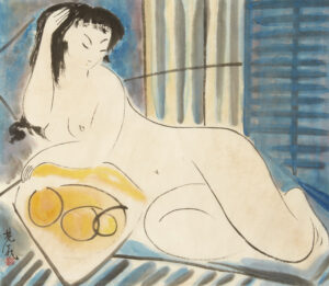 Adjugé 45 000 €_Lin FENGMIAN (1900-1991)_Femme nue aux fruits Encre et couleurs sur papier signé et portant le cachet de l'artiste en bas à gauche 60 x 68 cm