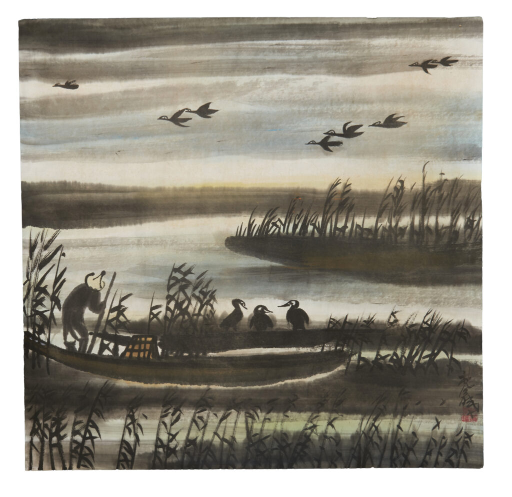 Lin FENGMIAN (1900-1991)_Pêcheur et cormorants Encre et couleur sur papier signé et portant le cachet de l'artiste en bas à droite 49 x 50 cm