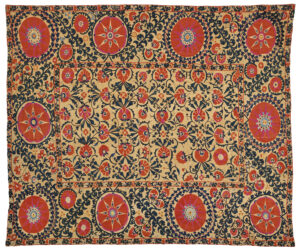 K0673-0001_Splendide suzani_Ouzbékistan, XIXe siècle_Adjugé 14 000_Tenture en coton brodé de fils de soie polychrome