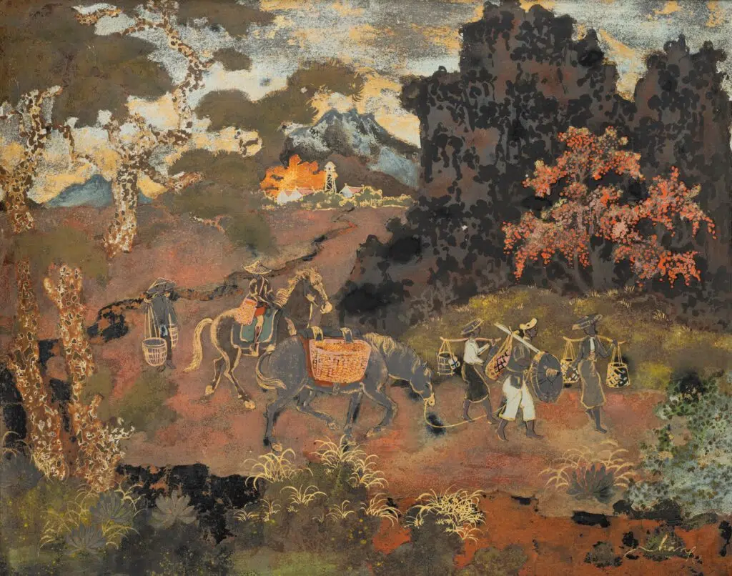 Estimation "Arts duVietnam" et expertise de cette laque "Procession dans la montagne" proposer a la vente par notre cabinet d'expertise et adjugé 3 100 €