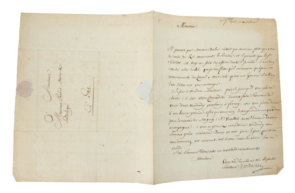 Estimation "Livres & Manuscrit" et expertise de cette lettre de "Voltare" proposer a la vente par notre cabinet d'expertise et adjugé 2 100 €, bis