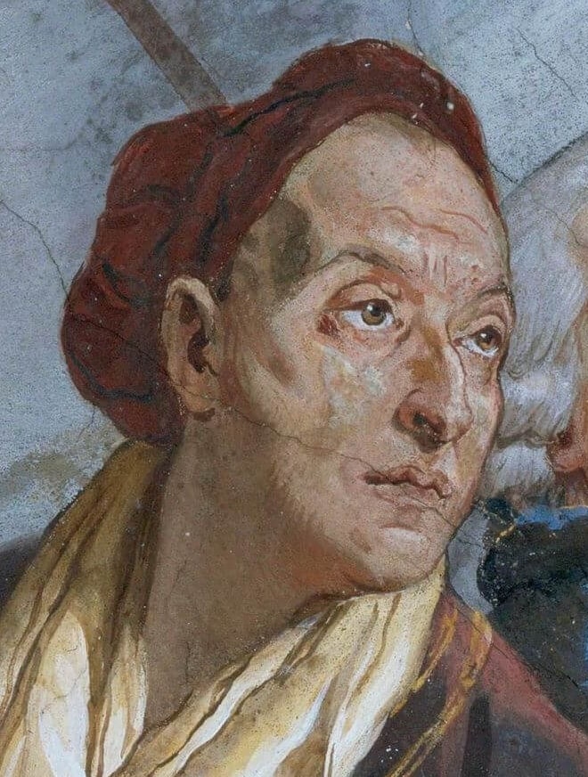 Autoportrait de Giambattista Tiepolo, détail de la fresque du plafond du grand escalier de la résidence de Wurtzbourg (1752-1753).