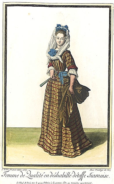 Expertise des œuvres de l'artiste et présentation de celui-ci, oeuvre "Femme de qualité en déshabillé d'étoffe Siamoise, Jean Dieu de Saint-Jean, Recueil des modes de la cour de France, 1687" de l'artiste "Jean Dieu de Saint-Jean"