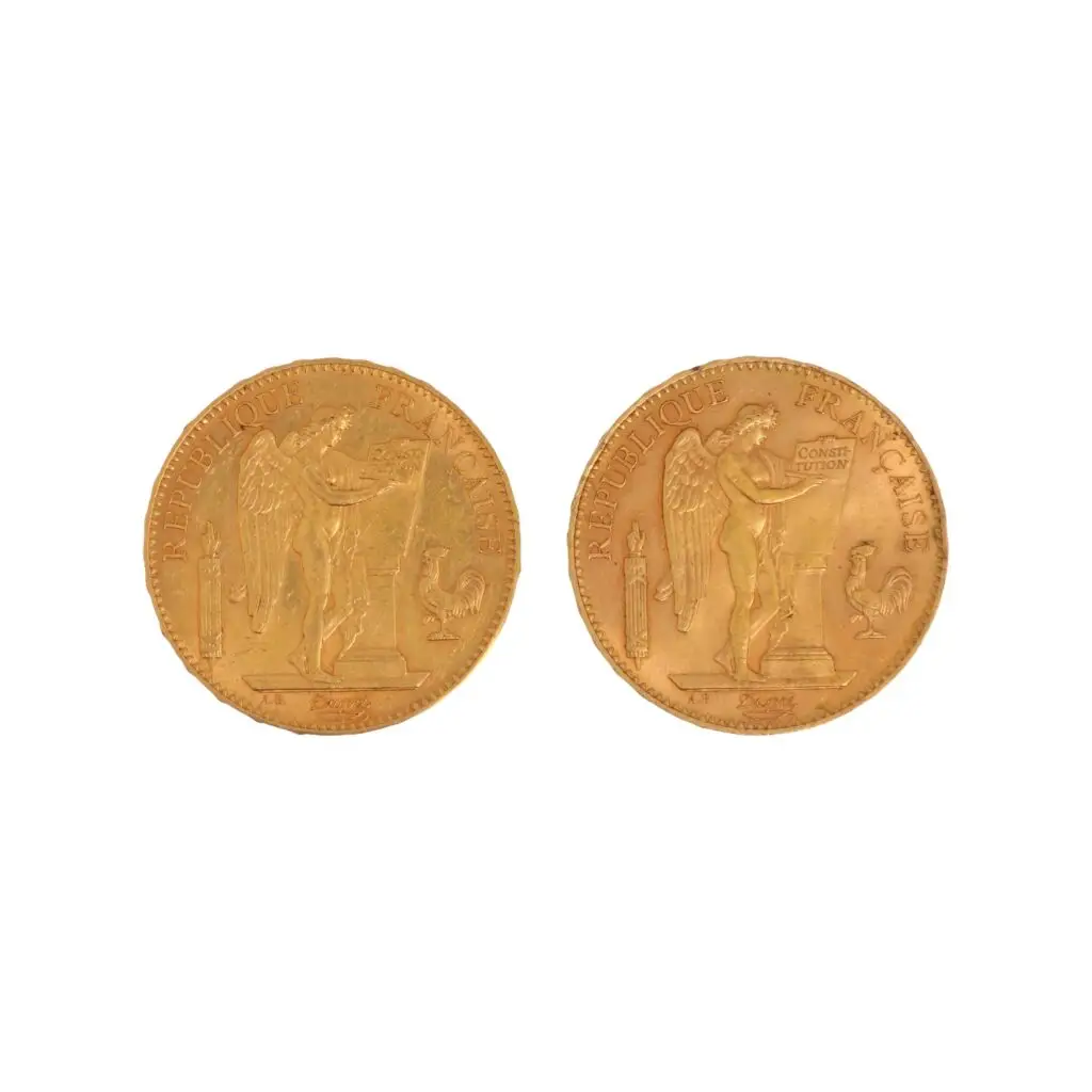 Expertise et estimation en numismatique, Deux pièces de 100 francs or Génie (1 x 1907 A ; 1 x 1901 A). Poids net: 64.5 gr, adjugé 5 530 €