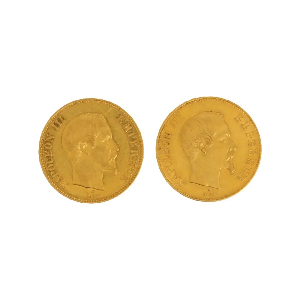 Expertise et estimation en numismatique, Deux pièces de 100 francs or Napoléon III tête nue (2 x 1856 A). Poids net: 64.4 gr, adjugé 5 530 €