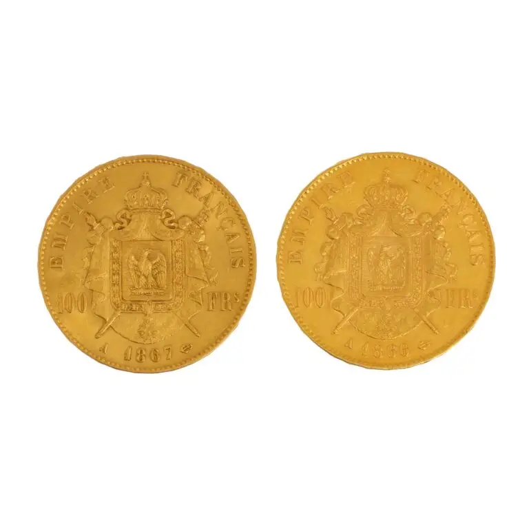 Expertise et estimation en numismatique, Deux pièces de 100 francs or Napoléon III tête laurée (1 x 1866 A ; 1 x 1867 A). Poids net: 64.4 gr, adjugé 5 520 €
