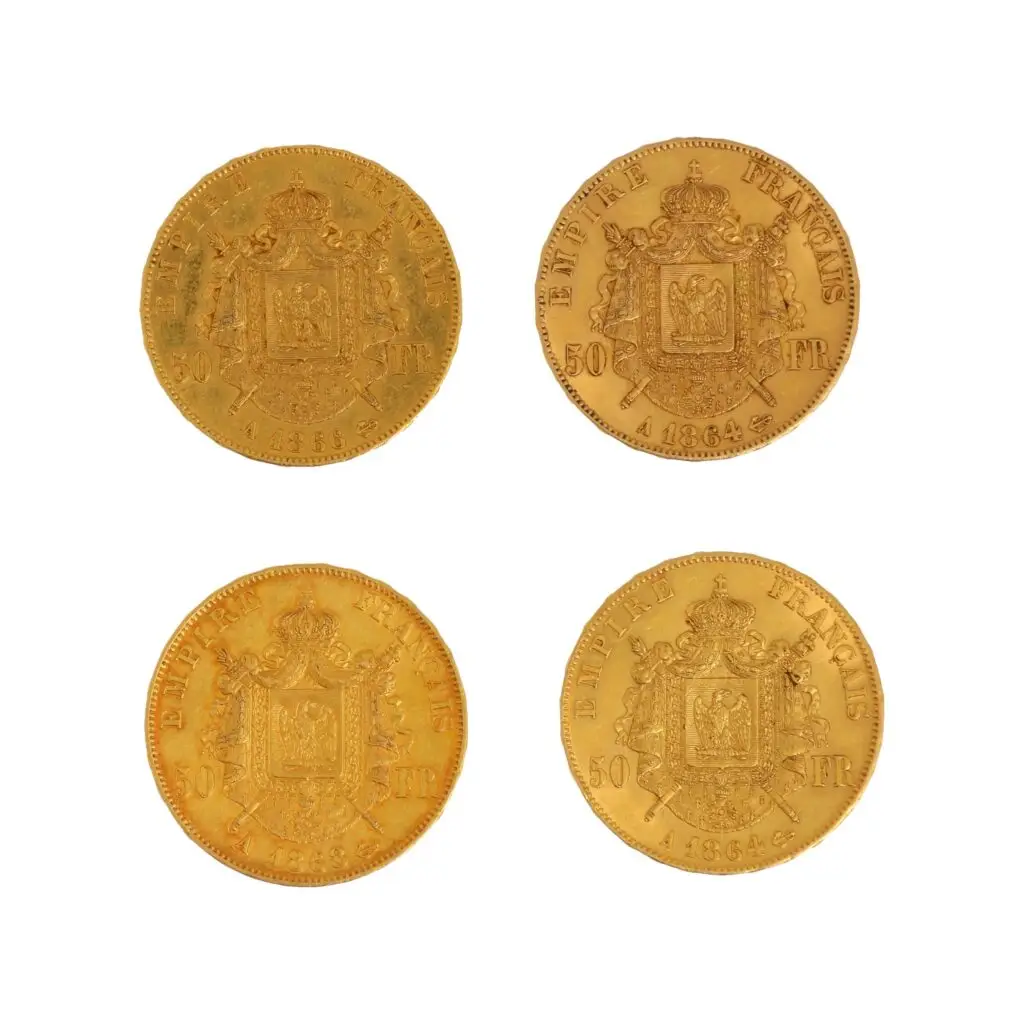 Expertise et estimation en numismatique, Lot de quatre pièces de 50 francs en or Napoléon III tête couronnée, adjugé 5 800 €