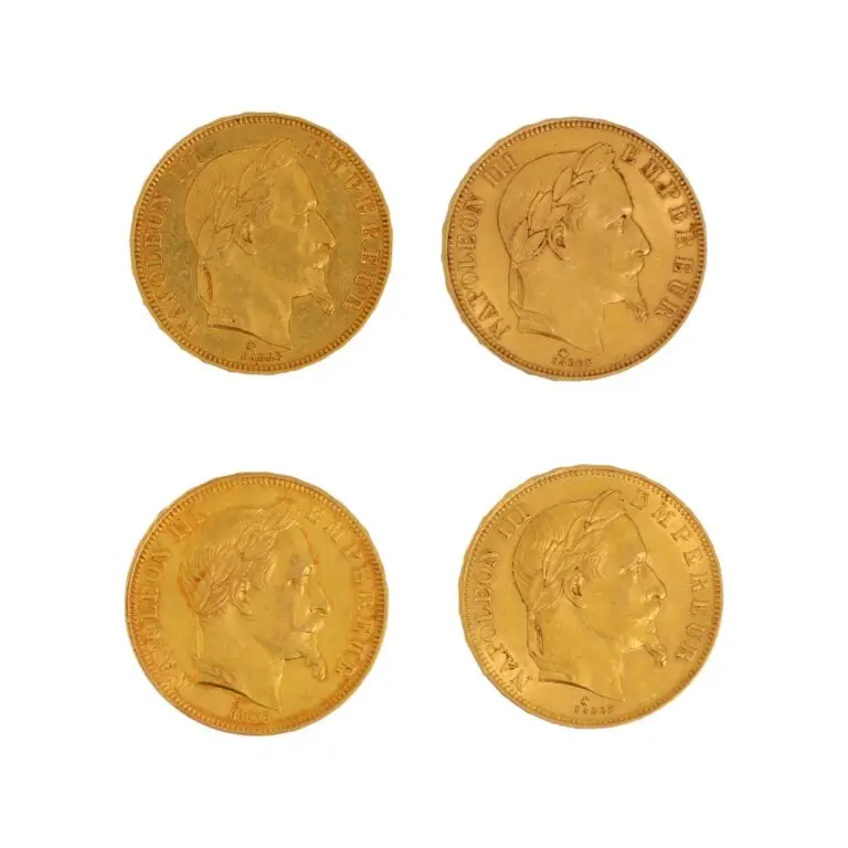 Expertise et estimation en numismatique, Lot de quatre pièces de 50 francs en or Napoléon III tête couronnée, adjugé 5 800 €