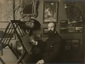Expertise des œuvres de l'artiste et présentation de celui-ci, portrait photographique de l'artiste "Edgard Maxence (1871-1954)" vers 1900, photographié par Henri Manuel
