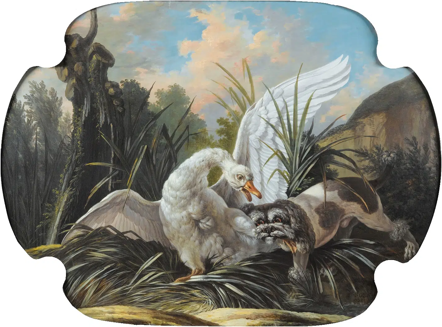 Expertise des œuvres de l'artiste et présentation de celui-ci, oeuvre "Chien barbet attaquant un cygne 1768, Collection privée” de Jacques-Charles Oudry (1720-1778)