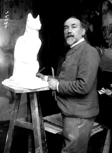 Expertise des œuvres de l'artiste et présentation de celui-ci, "Steinlen" dans son atelier (1913), photographie de l'agence de presse Meurisse, Paris, Bibliothèque nationale de France