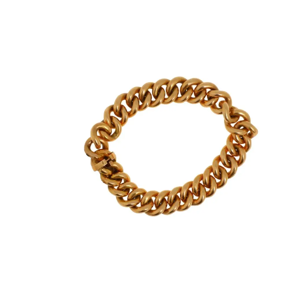 P2785_0001, Bracelet en or jaune 18K (750°/°°) à maille gourmette, fermoir à lame cliquet avec une chaînette de sécurité. Travail marocain. Poids net: 111,6 gr.