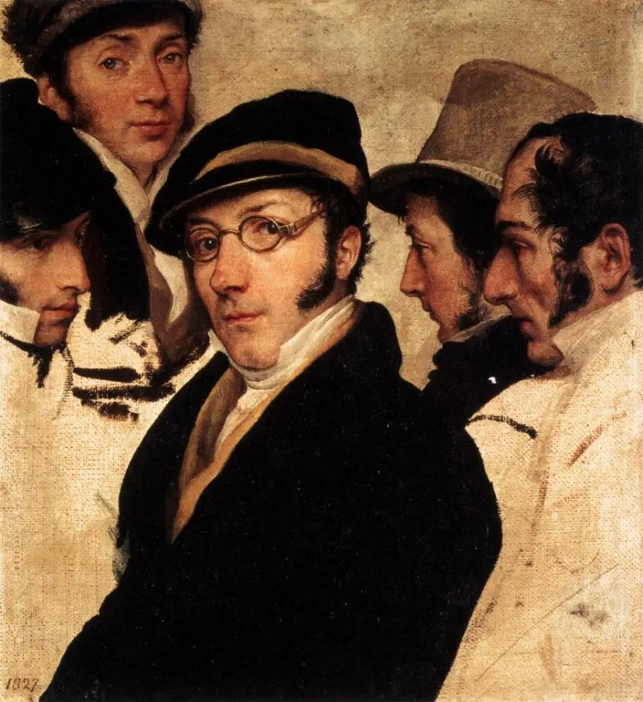 Expertise des œuvres de l'artiste et présentation de celui-ci, “Autoportrait” de l'artiste Francesco Hayez, avec un groupe d'amis. Hayez s'est ici peint au milieu d'amis artistes (Pelagi, Giovanni Migliara, Giuseppe Molteni et Tommaso Grossi) avec lunettes et casquette, toile inachevée, 1824-1826, musée Poldi Pezzoli, Milan