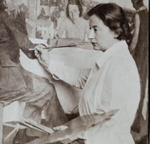 Expertise des œuvres de l'artiste et présentation de celui-ci, portrait photographique de l'artiste "Lotte Laserstein peignant "Soir sur Potsdam" photographiée par Wanda von Debschitz-Kunowski en 1930”