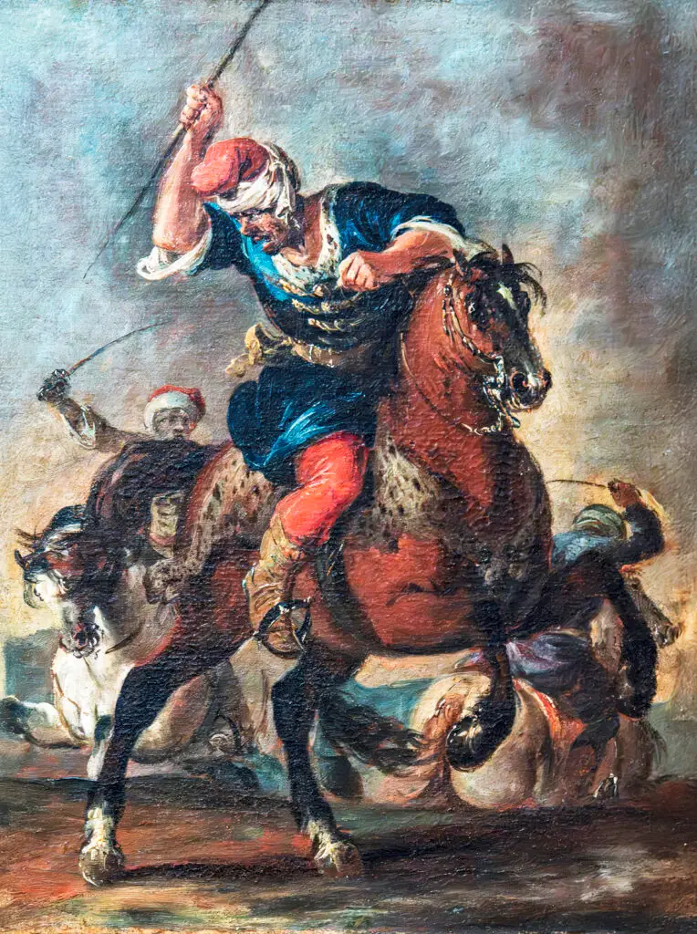 Expertise des œuvres de l'artiste "Francesco Simonini "et présentation de celui-ci, oeuvre Cavalier turc au combat (huile sur toile, 1733)