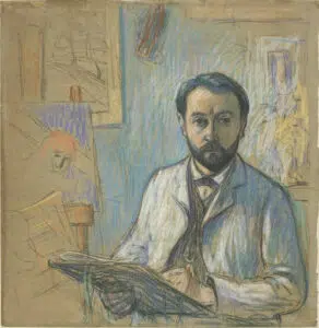 Expertise des œuvres de l'artiste et présentation de celui-ci, “Autoportrait dans l'atelier, en train de dessiner” (1889) de Émile Schuffenecker pastel sur papier, Paris, musée d'Orsay