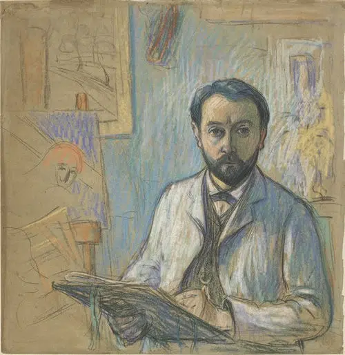 Expertise des œuvres de l'artiste et présentation de celui-ci, “Autoportrait dans l'atelier, en train de dessiner” (1889) de Émile Schuffenecker pastel sur papier, Paris, musée d'Orsay