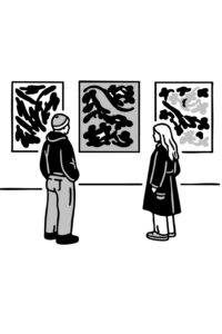 Illustration en noir et blanc de visiteurs devant des tableaux dans une galerie