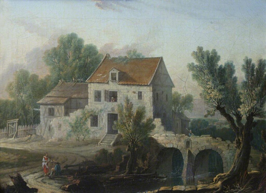 Expertise des œuvres de l'artiste "Nicolas Jacques Julliard" et présentation de celui-ci, oeuvre "Vue d'une maison et d'une voie ferrée près d'un pont, entre 1735 et 1790"