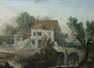 Expertise des œuvres de l'artiste "Nicolas Jacques Julliard" et présentation de celui-ci, oeuvre "Vue d'une maison et d'une voie ferrée près d'un pont, entre 1735 et 1790"