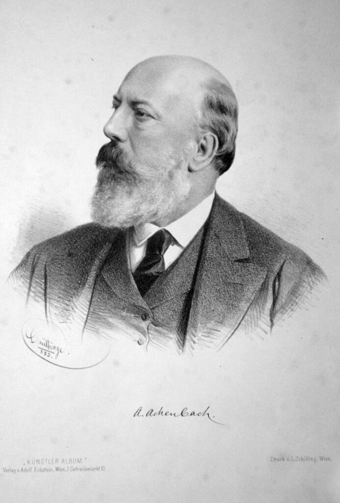 Expertise des œuvres de l'artiste et présentation de celui-ci, portrait de l'artiste "Andreas Achenbach par Adolf Dauthage (lithographie) , 1883"