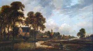 Expertise des œuvres de l'artiste "Aernout van der Neer" et présentation de celui-ci, oeuvre "Village hollandais au bord d'un canal"