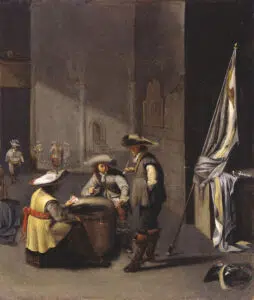 Expertise des œuvres de l'artiste "Jacob Duck" et présentation de celui-ci, oeuvre "Un garde, des soldats et un jeu de cartes par Jacob Duck, Musée des Beaux Arts de Budapest"