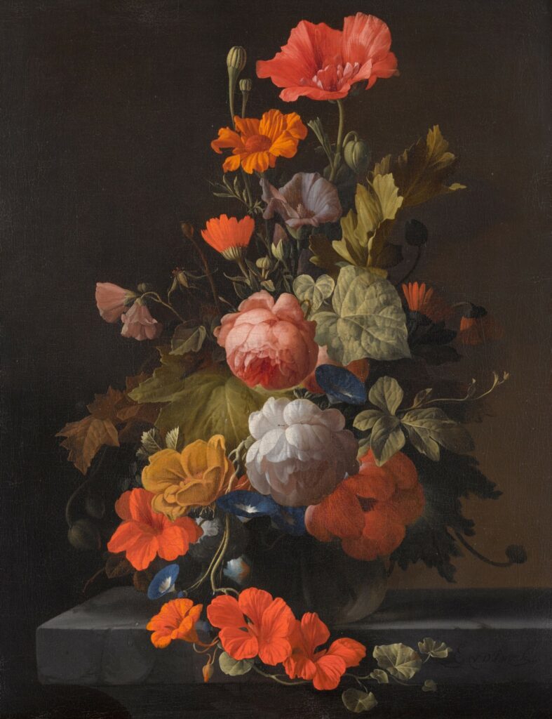 Expertise des œuvres de l'artiste "Elias van den Broeck" et présentation de celui-ci Nature morte de fleurs avec fourmis dans un vase en verre