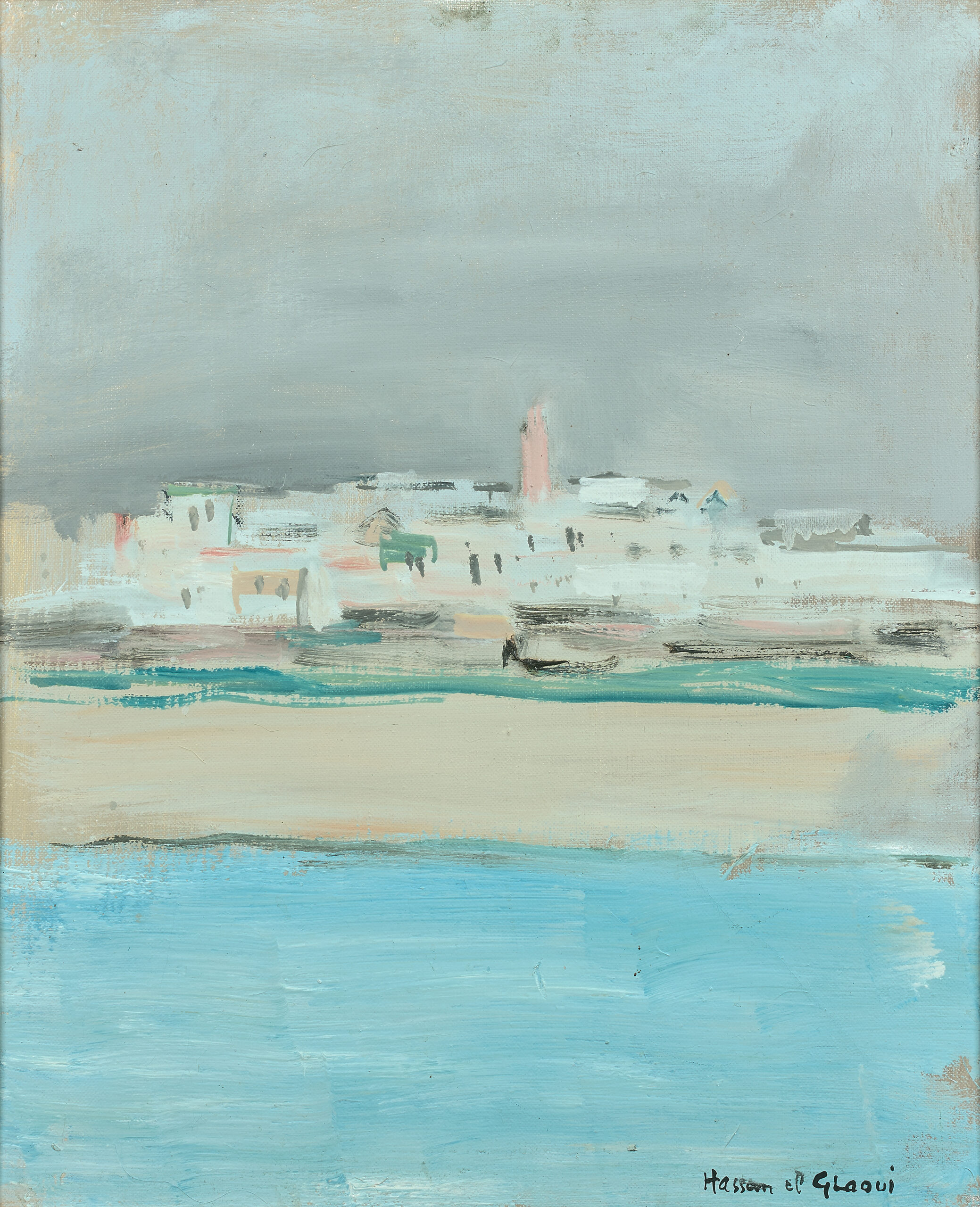 K2307_0015 - Hassan El GLAOUI (Marrakech 1924- Rabat 2018) - Rabat - Description : Huile sur toile d'origine 46 x 38 cm Signé en bas à droite Hassan El Glaoui Nous remercions la succession de l'artiste de nous avoir confirmé l'authenticité de l'oeuvre. Un certificat pourra être issu à la demande de l'acquéreur. L’Oued Bou Regreg sépare les villes de Rabat et de Salé. L’oeuvre en question représente la rive de Salé vue depuis les Oudaya de Rabat, un paysage qui Hassan El Glaoui connaissait bien puisqu’il avait emménagé à Rabat en 1967. Cette oeuvre fait partie d’une série de paysages de l’Oued Bou Regreg et de ses deux rives que l’artiste effectuera entre 1970 et 1990. - Adjugé 6 000 €