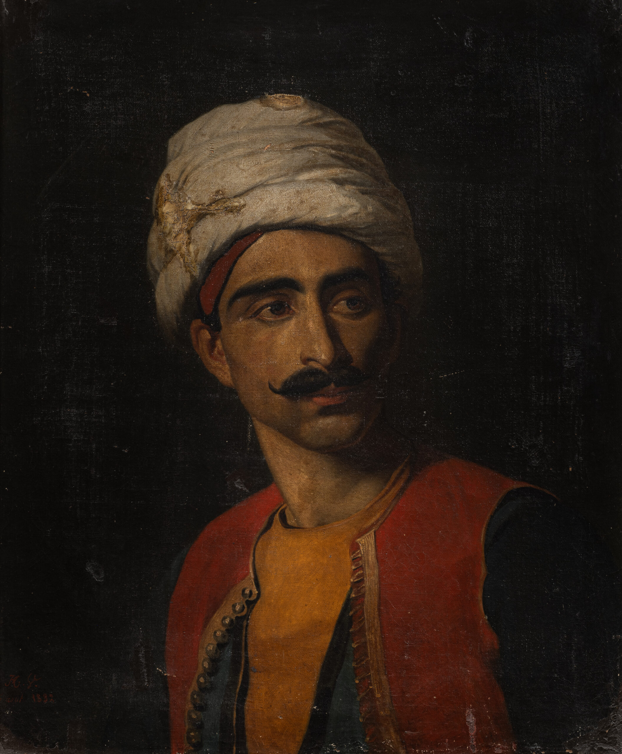 Claude-Marie DUBUFE (Paris, 1790 - La-Celle-Saint-Cloud, 1864), atelier de., Étude de jeune Grec, anciennement dit « Portrait présumé de Hassan El Berberi, gardien de la girafe offerte au roi Charles X ». Huile sur toile. Portant un monogramme et une date en bas à gauche : “HV / 6 aout 1832”. Au dos, annotations manuscrites datant du XXe siècle sur la toile de renfort : “Horace Vernet / 1832”. Dans un cadre rectangulaire en bois partiellement doré. H. 65 x L. 54 cm. Cadre : H. 85 x L. 73 cm., adjugé 13 000 €