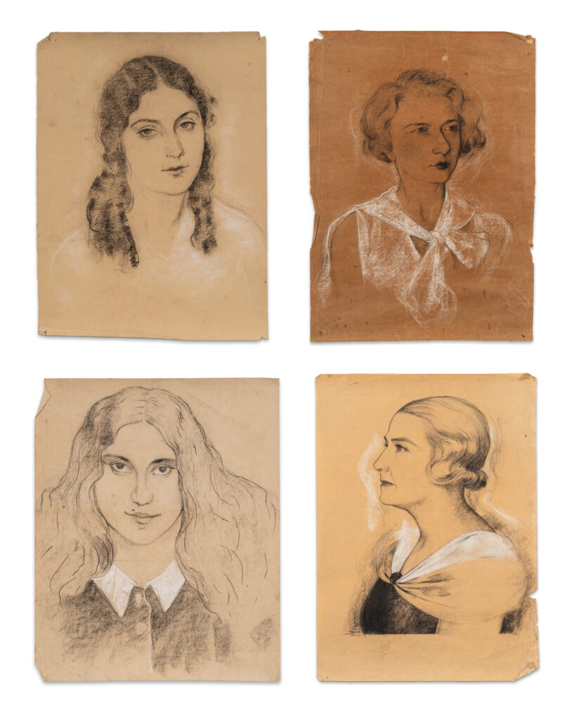 Ⓟ Le Van De (1906-1966), Ensemble de quatre portraits de femmes, l’un comprenant au dos une étude de main Fusain sur papier Non signés 50 x 36 cm et inférieur, adjugé 7 000 €