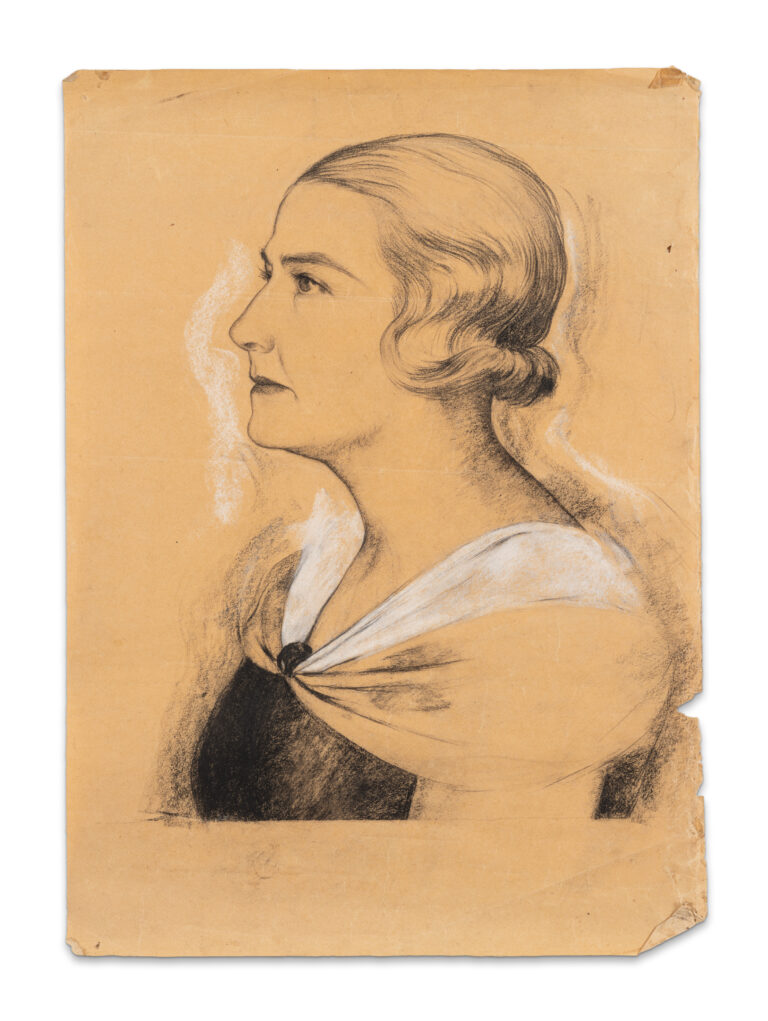 Ⓟ Le Van De (1906-1966), Ensemble de quatre portraits de femmes, l’un comprenant au dos une étude de main Fusain sur papier Non signés 50 x 36 cm et inférieur, adjugé 7 000 €