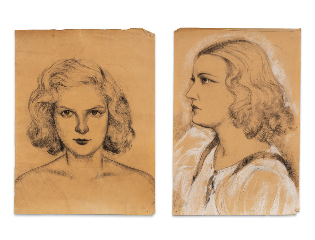 Ⓟ Le Van De (1906-1966), Ensemble de deux portraits de femme Fusain et crayon blanc sur papier Non signés 36,2 x 27,5 cm 42 x 29 cm, adjugé 3 200 €