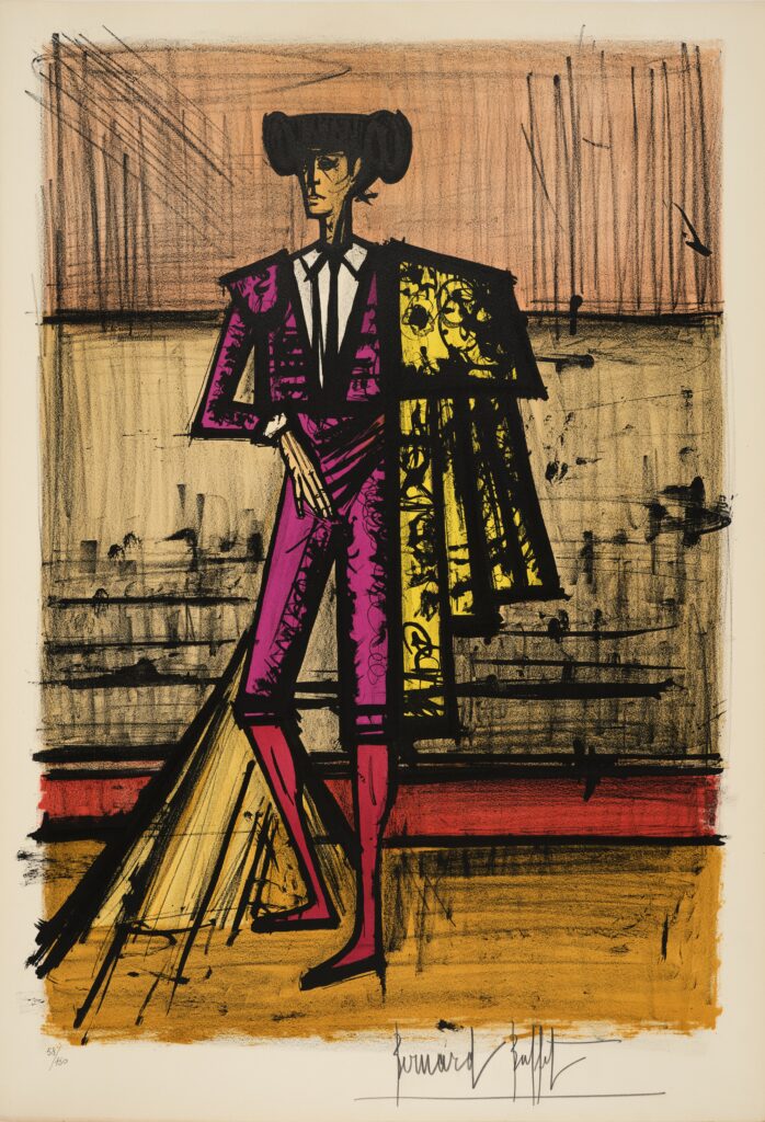 Bernard Buffet (1928-1999) - Toreros (album complet), 1966 - Description : Suite de 10 lithographies sur vélin d'Arches, réunies dans un portefeuille à rabats de toile gris Chacune signée et numérotée "58/100" au crayon Le justificatif de tirage signé et numéroté au crayon Éditeur Galerie Maurice Garnier, Paris Imprimeur Mourlot, Paris 75 x 54 cm (feuille) (chaque) ExpoBiblio : Sorlier 93-102 - Adjugé 9 000 €
