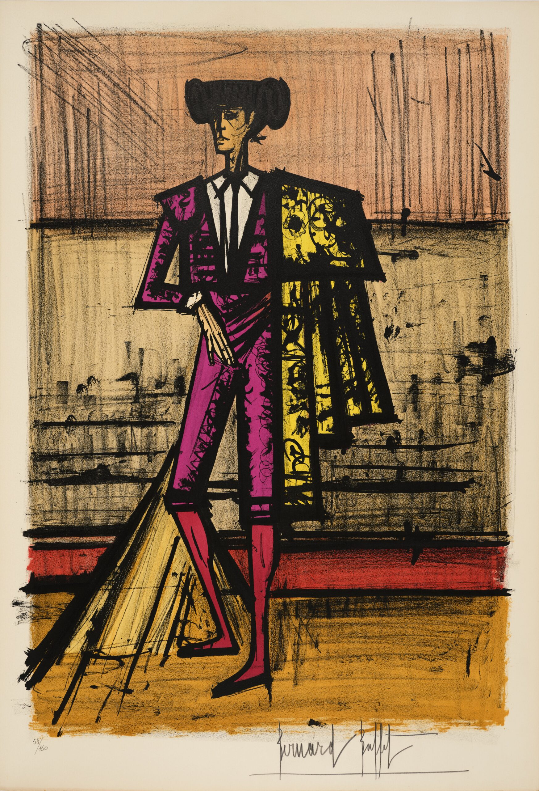 Bernard Buffet (1928-1999) - Toreros (album complet), 1966 - Description : Suite de 10 lithographies sur vélin d'Arches, réunies dans un portefeuille à rabats de toile gris Chacune signée et numérotée "58/100" au crayon Le justificatif de tirage signé et numéroté au crayon Éditeur Galerie Maurice Garnier, Paris Imprimeur Mourlot, Paris 75 x 54 cm (feuille) (chaque) ExpoBiblio : Sorlier 93-102 - Adjugé 9 000 €