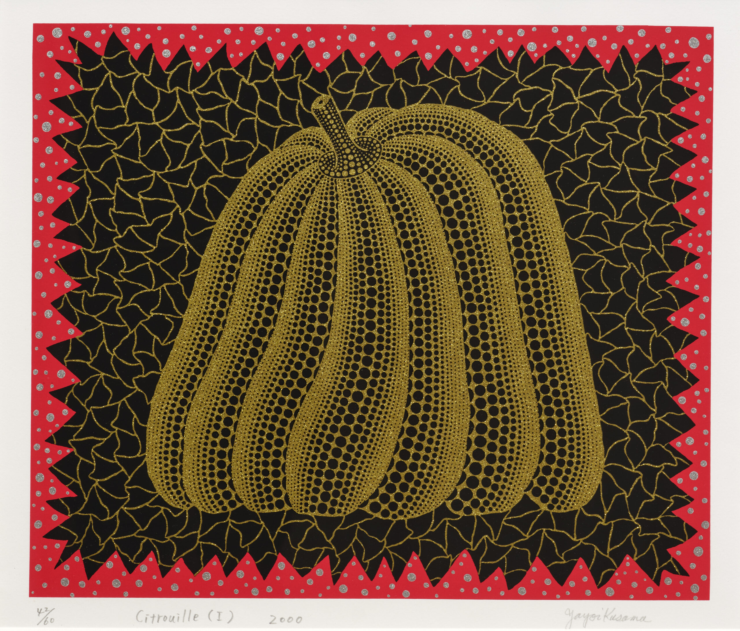 P3816_0001 - Yayoi Kusama (née en 1929) - Citrouille (I) (pl. pour Amour pour Toujours), 2000 - Description : Sérigraphie en couleurs avec paillettes d’or et d’argent sur vélin BFK Rives. Signée, titrée "Citrouille (I) ", datée "2000" et numérotée "42/60" au crayon D'une édition 60 ép. numérotées et 15 ép. d’artiste Éditeur FMR Trading Limited, Hirakata Imprimeur Atelier Eric Seydoux, Paris 49,7 × 65 cm ( feuille) encadrée ExpoBiblio : Kusama 282 - Adjugé 22 000 €