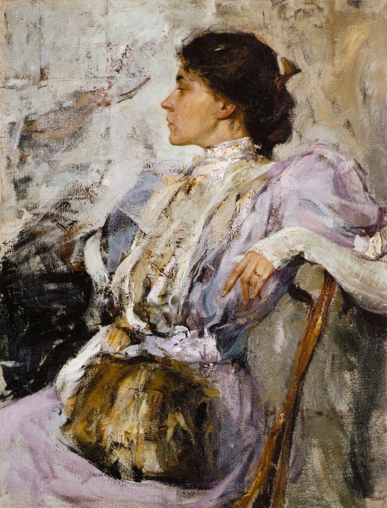 Expertise des œuvres de l'artiste "Nikolaï Fechine" et présentation de celui-ci, oeuvre "La Dame en mauve" (1908), Saint-Pétersbourg, musée russe