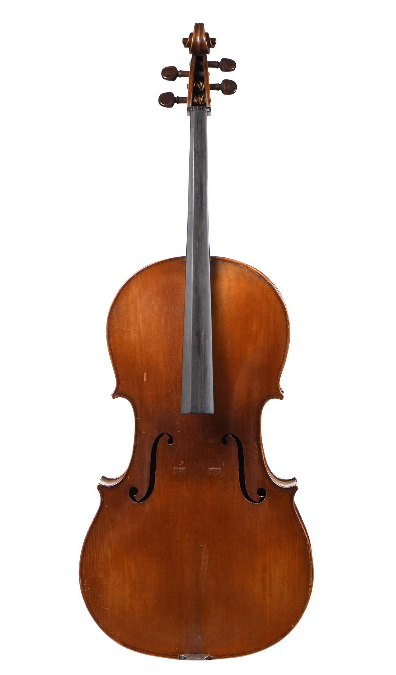 L2605_0001 - Violoncelle Français - fait par Léon MORTIN - Description : portant une étiquette "Léon MORTIN Luthier Mirecourt 1926. N°210. Anciennement maison Vuillaume, Darte et Cunin". Fond de deux pièces en érable. Vernis brun doré. Avec Housse. 767 mm. - Adjugé 6 000 €