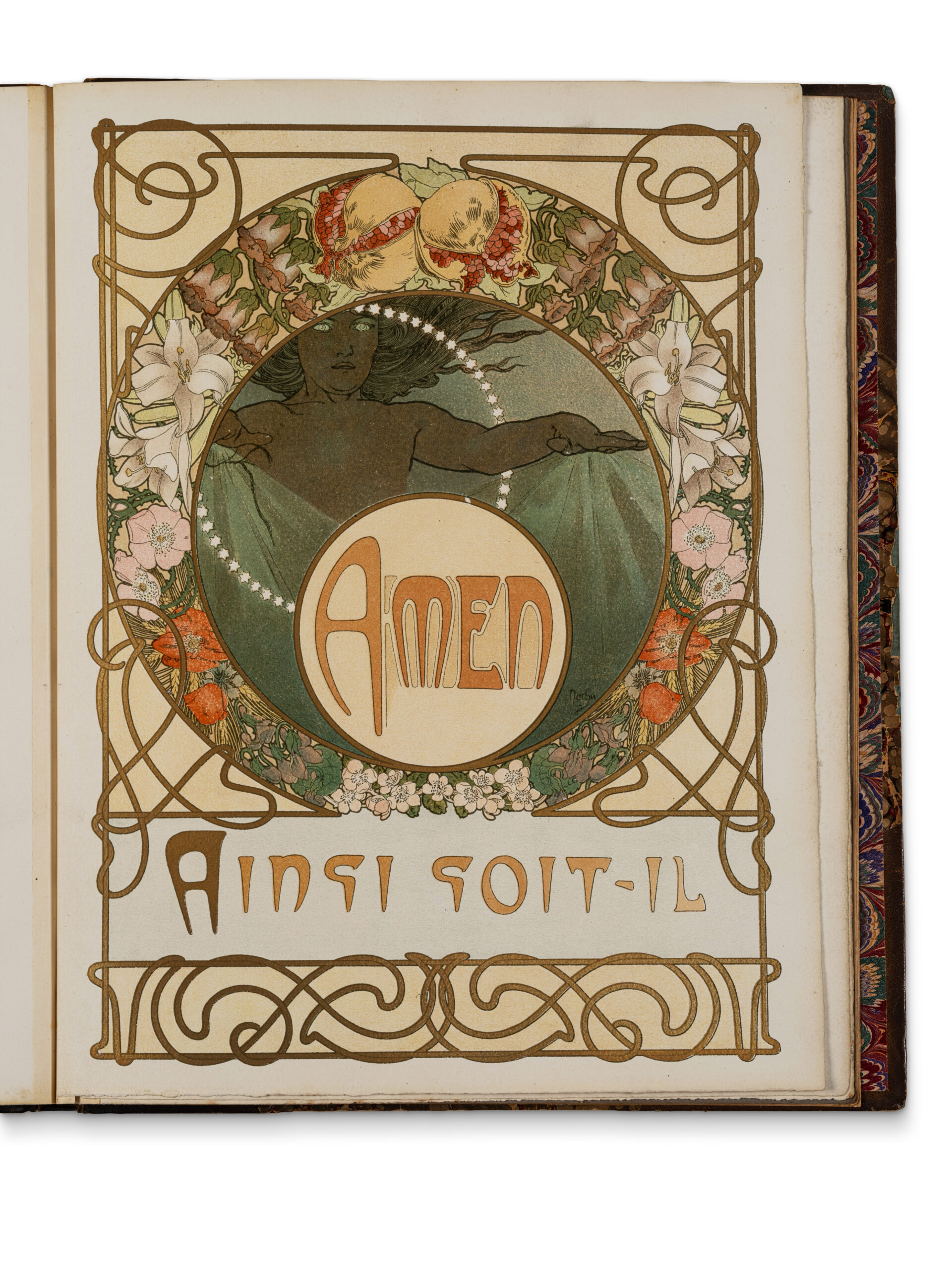 Q0325_0003 - Alfons MUCHA (1860-1939) & CHAMPENOIS Imprimeur pour L'Edition d'Art - "Le Pater" - Description : 20 Décembre 1899 Commentaire et compositions de Mucha. Edition H.Piazza & Cie, L'Edition d'Art, Paris. Imprimeur F.Champenois Imprimeur-Editeur, Paris. Ensemble de l'intérieur illustré par Mucha dont huit planches chromolithographiées, sept illustrations en noir et blanc, ainsi que les pages de texte. (usures sur la couverture) Exemplaire n°290 faisant partie des 400 exemplaires sur papier à la forme, fabriqué par les manufactures du Marais. - Adjugé 4 800 €