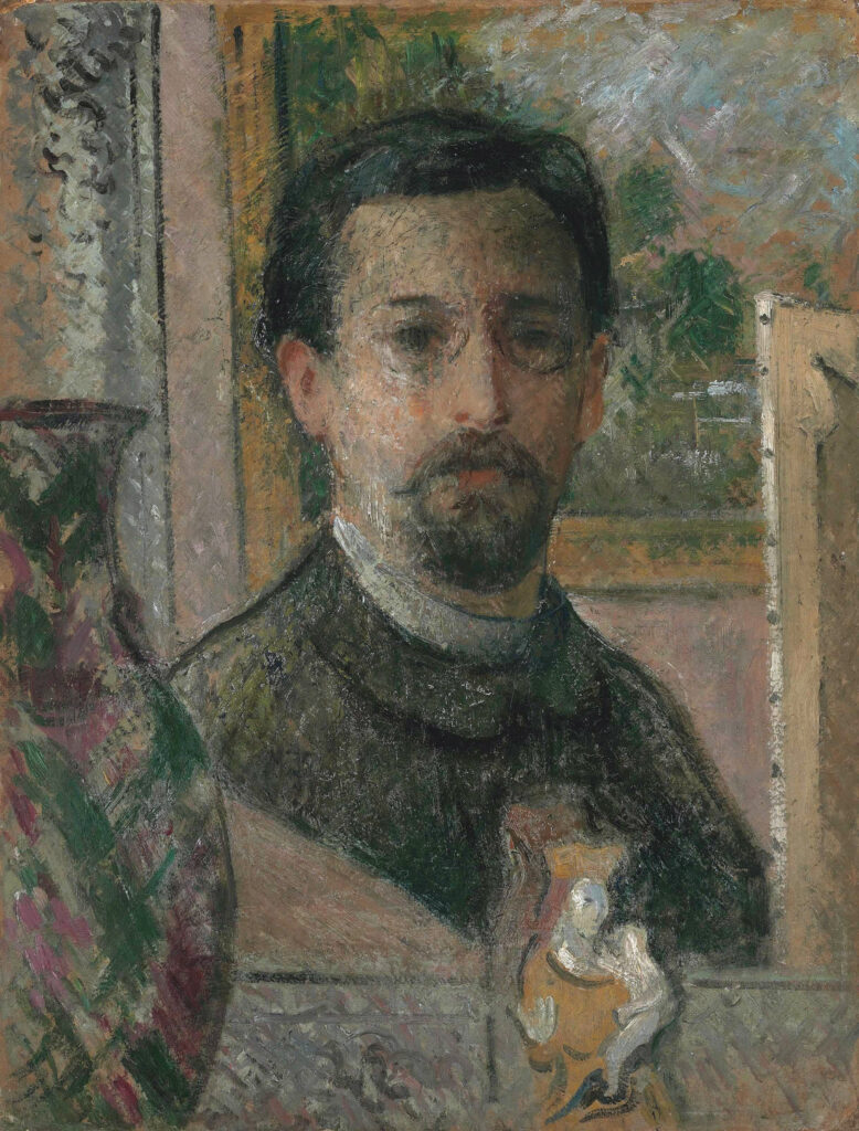 Expertise des œuvres de l'artiste "Gustave Loiseau" et présentation de celui-ci, Gustave Loiseau, Autoportrait à la statuette (vers 1916), huile sur carton