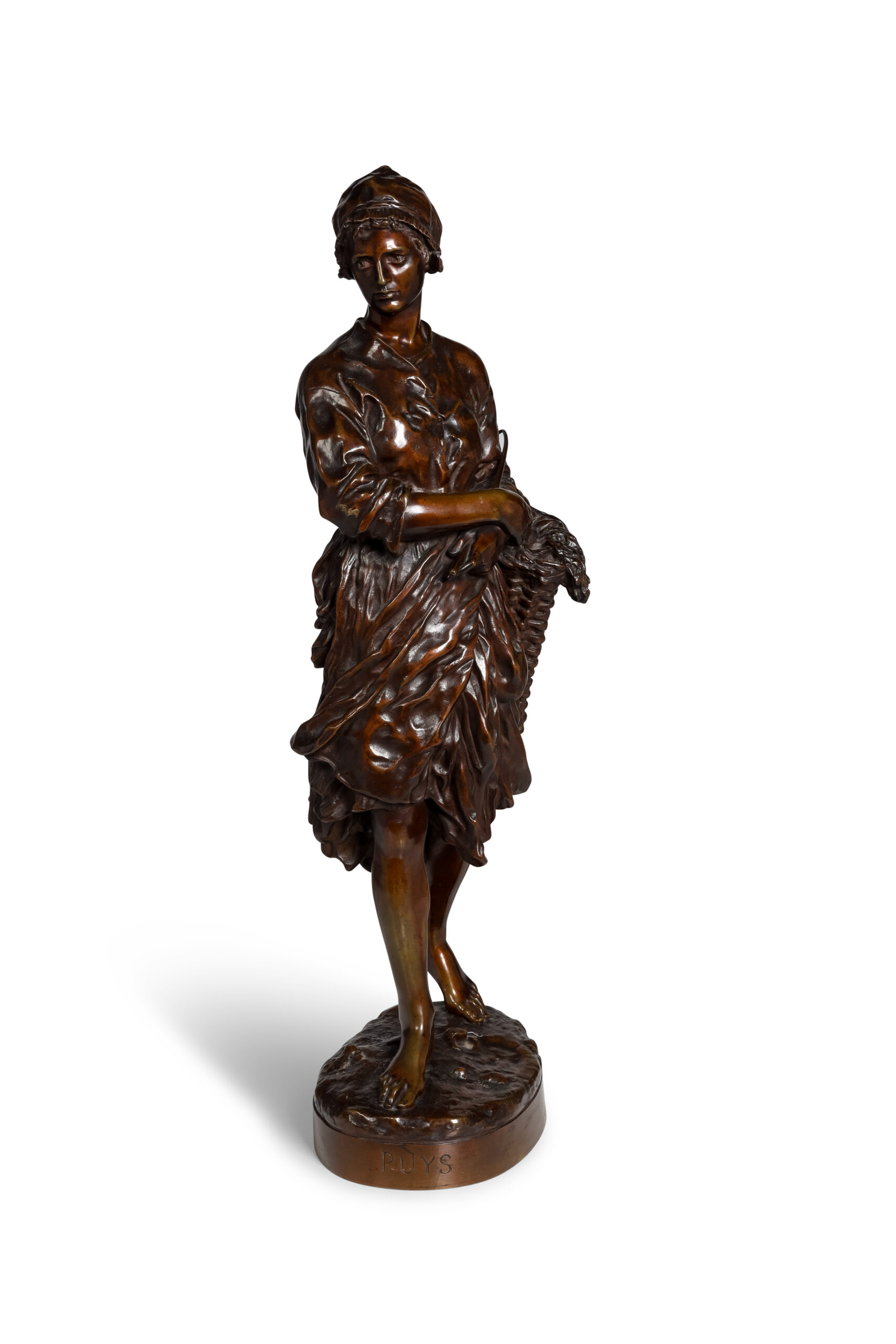 Q0660-0009 - Jean-Baptiste CARPEAUX (1827-1875) - Puys ou la pêcheuse de vignots (1874) - Description : Épreuve en bronze à patine brune H : 72 cm Signé JB Carpeaux, cachet Propriété Carpeaux et Aigle impériale sur la terrasse, titré PUYS sur le socle Bibliographie : Michel Poletti et Alain Richarme, Jean-Baptiste Carpeaux sculpteur, catalogue raisonné de l'œuvre édité, Paris, 2003, p. 95, modèle référencé sous le n° SE 18 - Adjugé 2 500 €