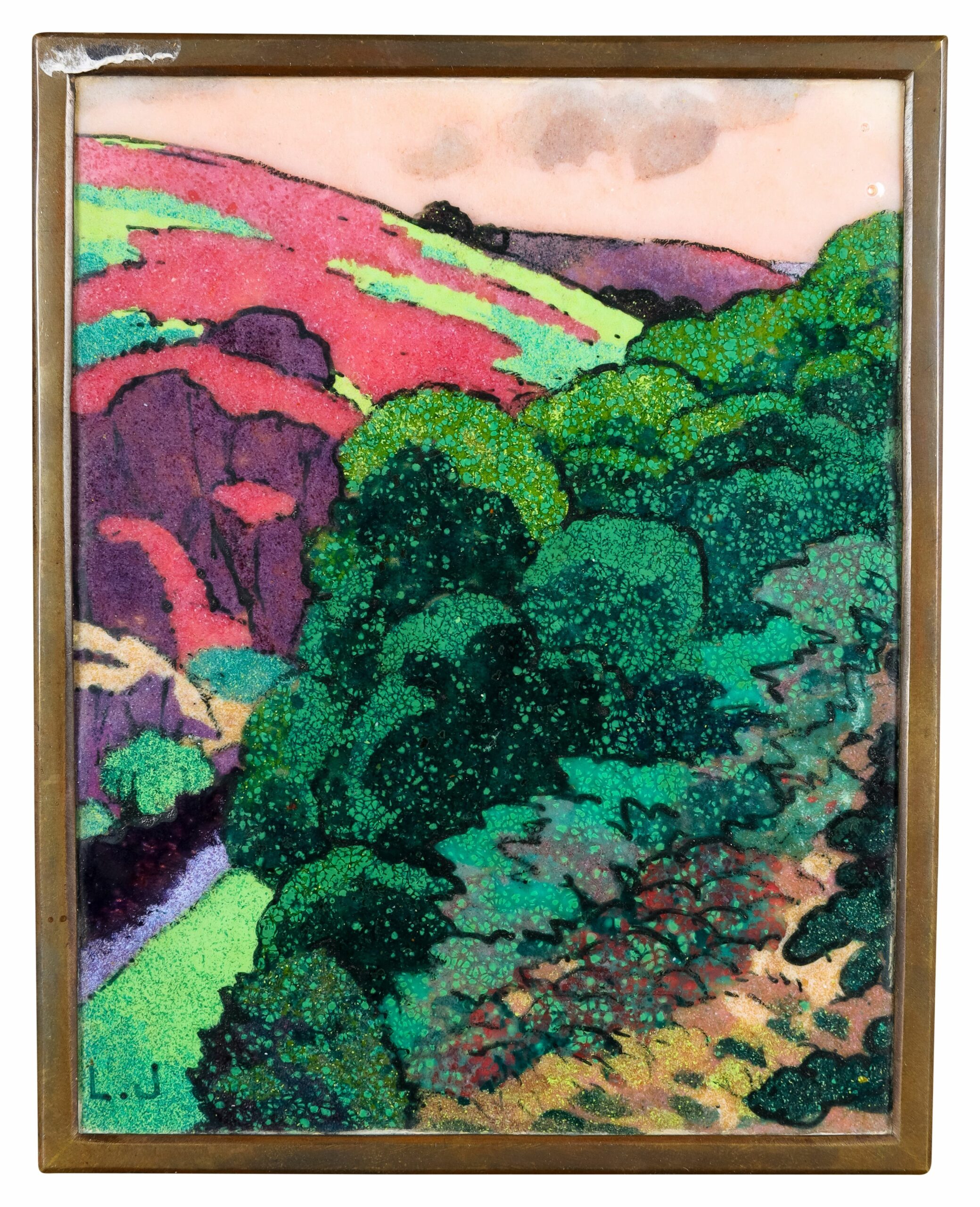 Description : Léon JOUHAUD (1874-1950) La Vienne près d'Eymoutiers Peinture à l'émail Monogrammé à gauche 13.5 x 10.5 cm. Provenance : - Limoges, Étude Galateau, vente du 17 avril 2011, lot 103