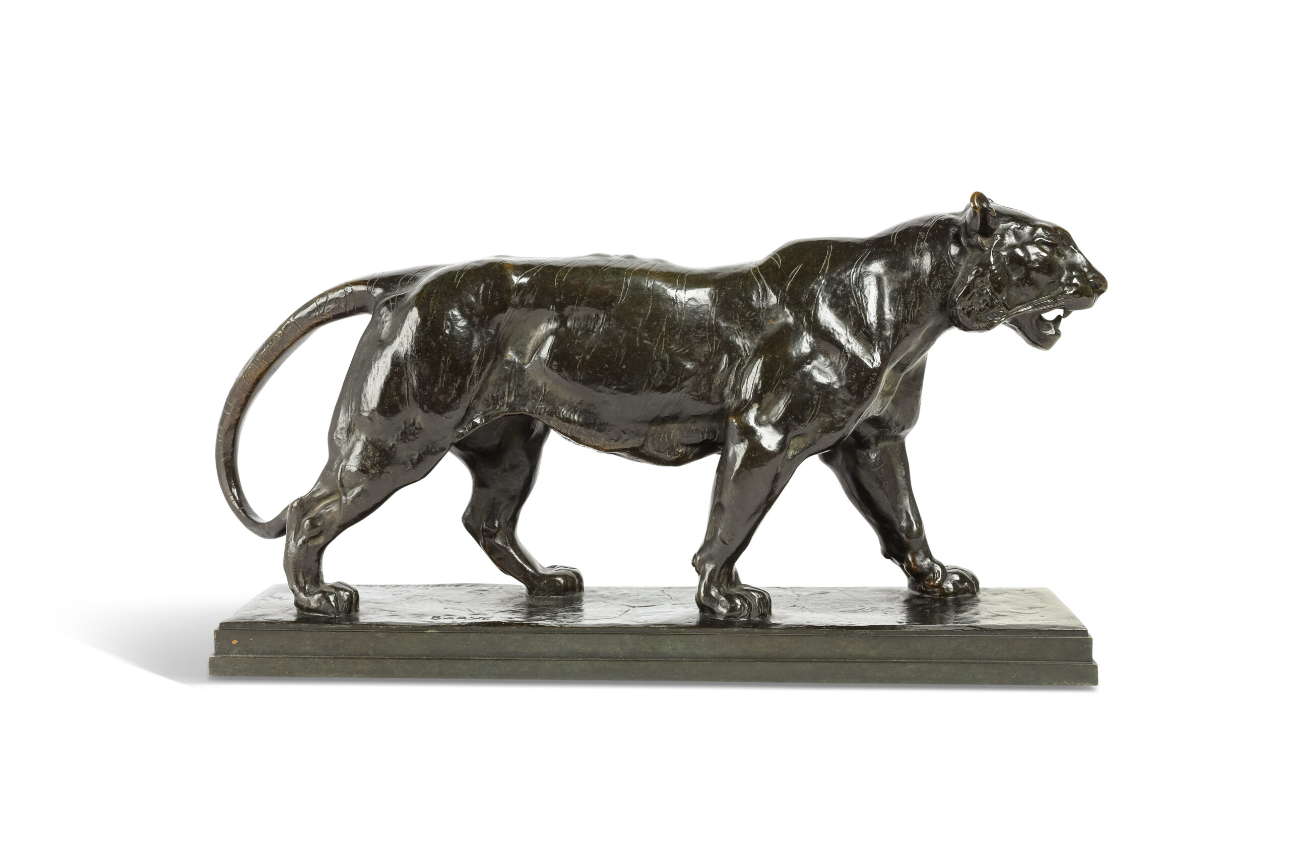 Q0660-0266 - Antoine Louis BARYE (1796-1875) - Tigre marchand - Description : Bronze à patine brun vert H : 21,5 – L : 42 – P : 10 cm Signé BARYE et marqué F Barbedienne Fondeur sur la terrasse Fonte posthume Usures à la patine Bibliographie : Michel Poletti et Alain Richarme, Antoine Louis Barye, Catalogue raisonné des sculptures, 2000, sujet similaire créé en 1841, décrit et reproduit sous le n° A70. p. 198 - 199. - Adjugé 2 600 €
