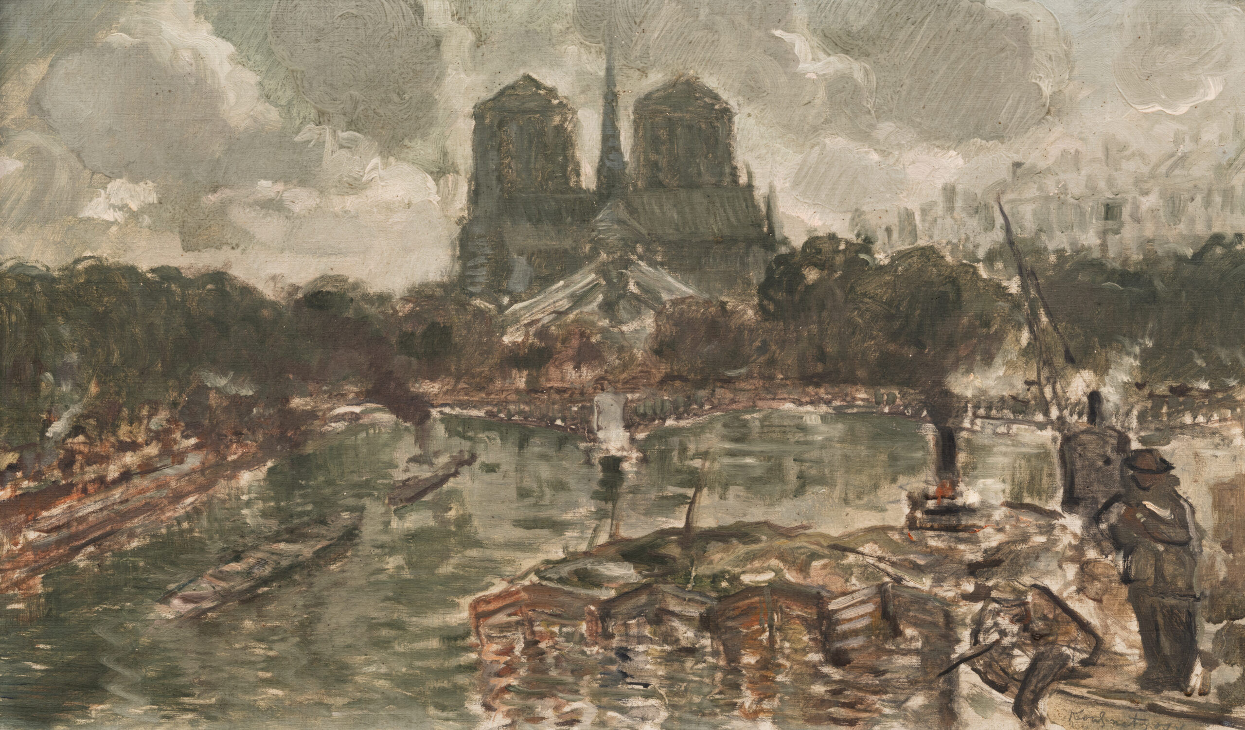 Konstantin Pavlovitch KOUZNETSOV (Jelnino, 1863 - Paris, 1936) - Description : Vue de Notre-Dame de Paris Huile sur toile, signée en bas à droite à la mine de plomb, contresignée au dos avec l’adresse de son atelier au “48 Rue Boissonnade”. Encadré. H. 33 x L. 55,5 cm. - Adjugé 1 700 €